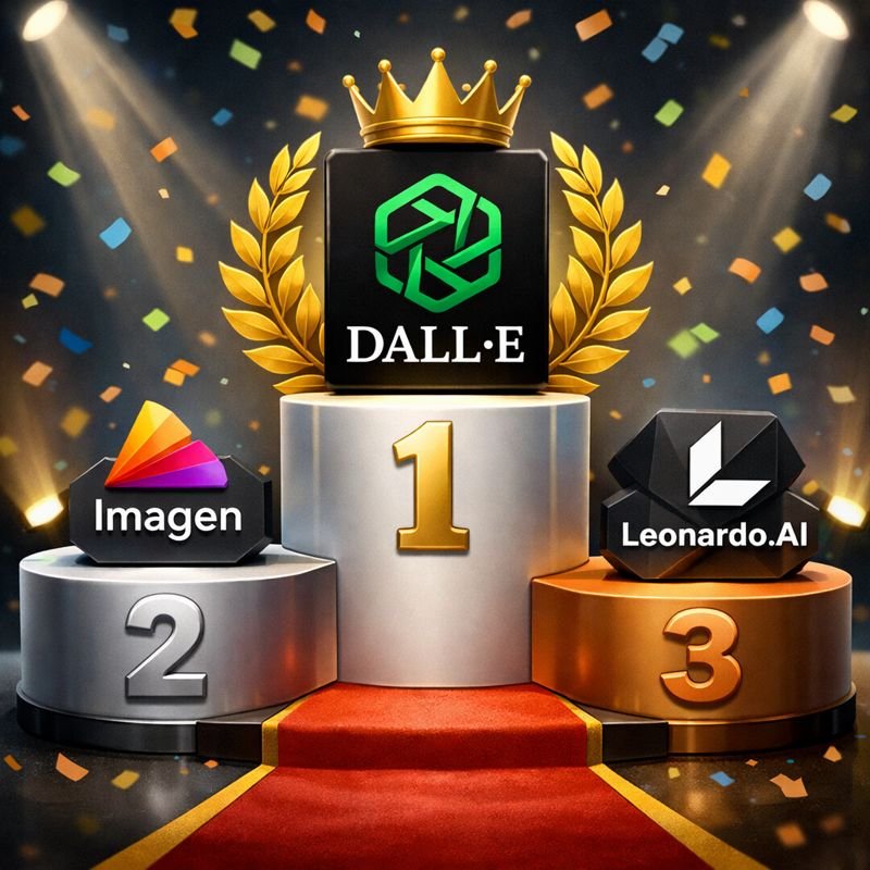 Podium showing DALL-E in first place, Imagen in second, and Leonardo.AI in third